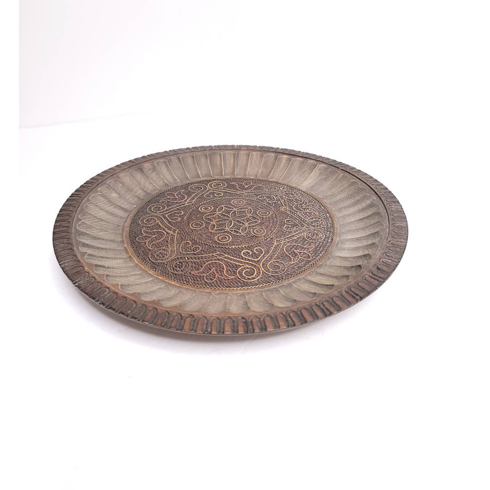 Handmade Vintage Wood Plate, Brass Inlays, Carved, Decorative, Krakow, Solskiego